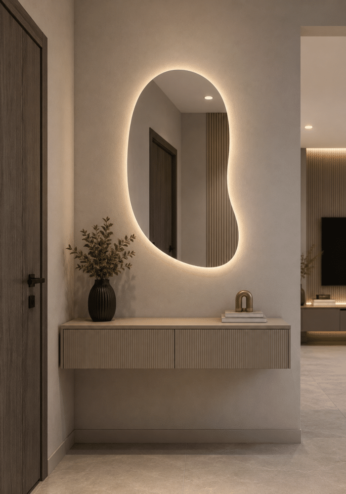 Oglindă cu LED Integrat 70×100 cm, Asimetrica, 3 Tipuri de Lumină, Calda, Rece, Neutra, cu Touch, Model Shark Design - imagine 6