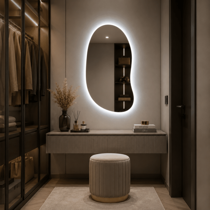 Oglindă cu LED Integrat 70×100 cm, Asimetrica, 3 Tipuri de Lumină, Calda, Rece, Neutra, cu Touch, Model Shark Design - imagine 5