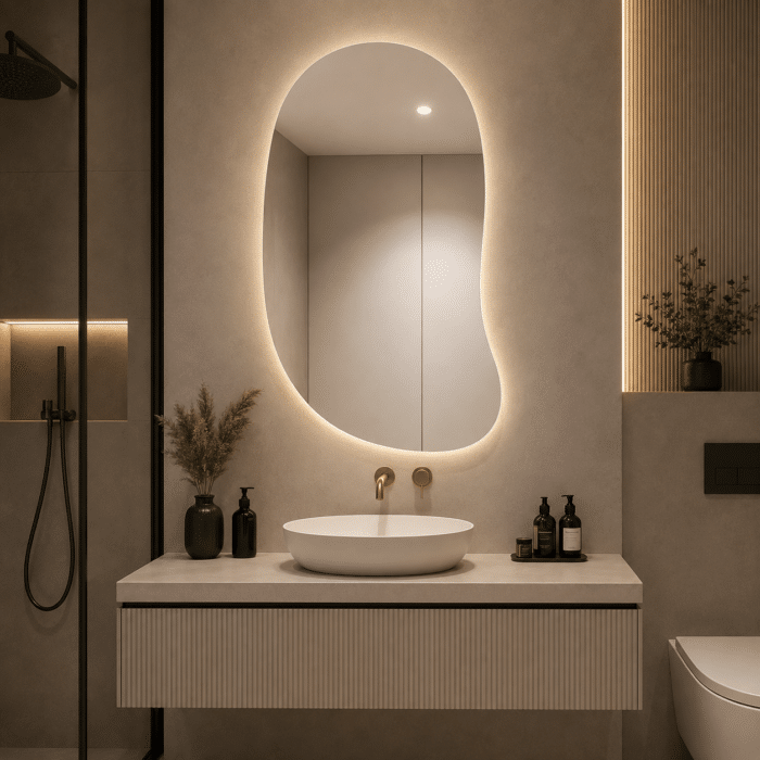 Oglindă cu LED Integrat 70×100 cm, Asimetrica, 3 Tipuri de Lumină, Calda, Rece, Neutra, cu Touch, Model Shark Design - imagine 4