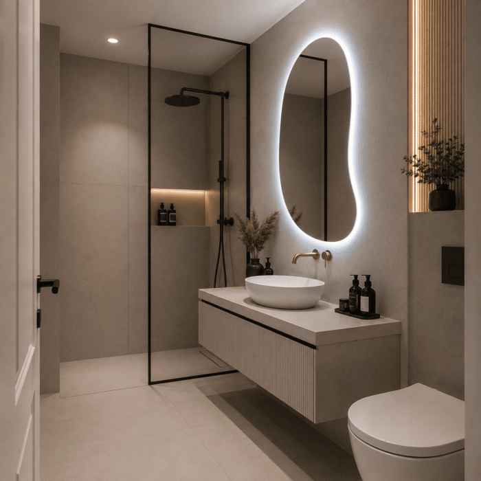 Oglindă cu LED Integrat 70×100 cm, Asimetrica, 3 Tipuri de Lumină, Calda, Rece, Neutra, cu Touch, Model Shark Design - imagine 3