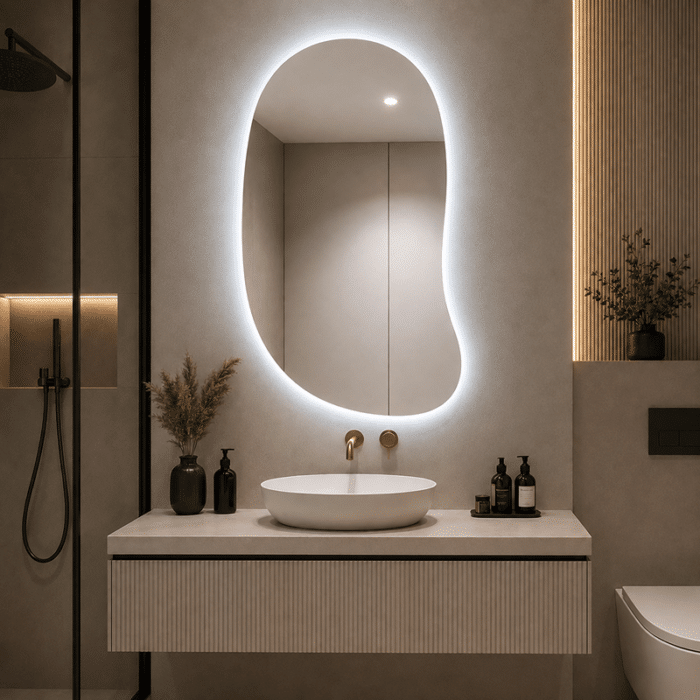 Oglindă cu LED Integrat 70×100 cm, Asimetrica, 3 Tipuri de Lumină, Calda, Rece, Neutra, cu Touch, Model Shark Design - imagine 2