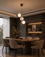 Pendul Clasic KALI Auriu și Negru cu 3 Abajururi Albe, 3×G9, Ø31 cm, H100 cm, Design Modern-Elegant - imagine 3