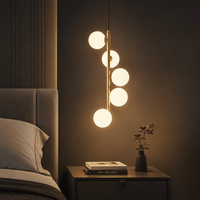 Pendul Clasic KALI Auriu și Negru cu 5 Abajururi Albe, 5×G9, Ø31 cm, H100 cm, Design Elegant - imagine 2