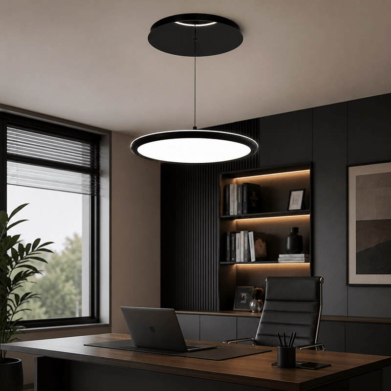 Pendul Rotund SMART LED Suspendat 100W Negru, Ø48 cm, Înălțime Reglabilă Electric din Telecomandă până la 2m, 3 Culori de Lumină (1) Pendul Rotund SMART LED Suspendat 100W Negru, Ø48 cm, Înălțime Reglabilă Electric din Telecomandă până la 2m, 3 Culori de Lumină - imagine 1