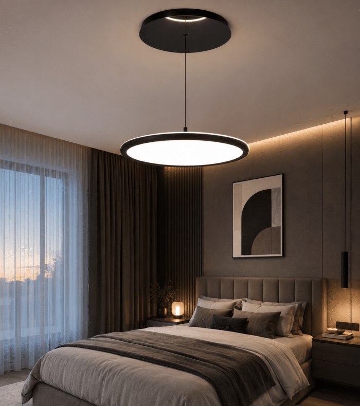 Pendul Rotund SMART LED Suspendat 100W Negru, Ø48 cm, Înălțime Reglabilă Electric din Telecomandă până la 2m, 3 Culori de Lumină - imagine 3
