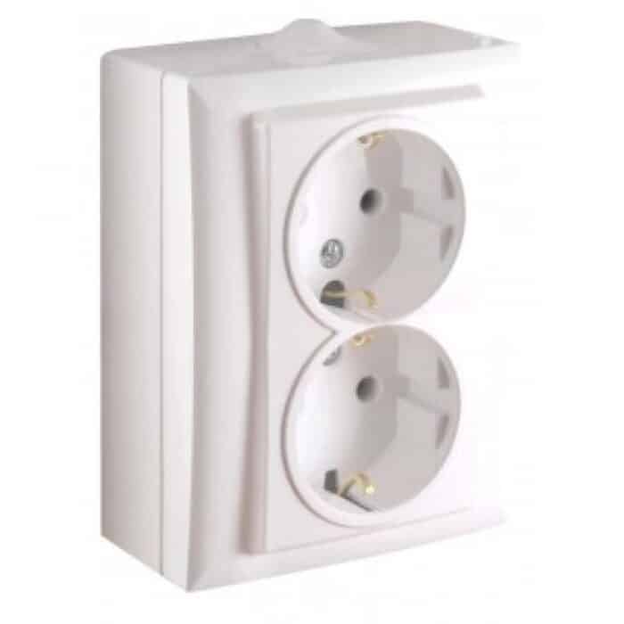 Priză Dublă Ceramică cu Contact de Protecție E 45488, RE1774, 16A, Montaj Aparent, Alb - imagine 2