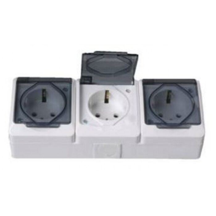 Priză Triplă ELCO cu Capac și Împământare, Ceramică, 16A, 250V, IP44, Montaj Aparent - imagine 2