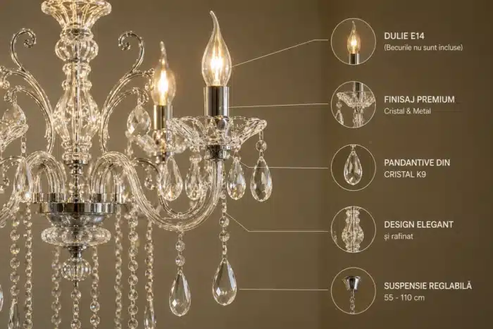 Candelabru Clasic cu Cristale 8×E14, Ø74 cm, Alb și Argintiu - imagine 4