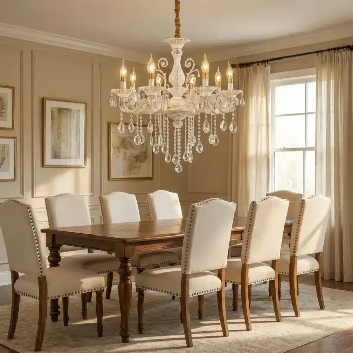 Candelabru Clasic cu Cristale 8×E14, Ø74 cm, Alb și Argintiu - imagine 7