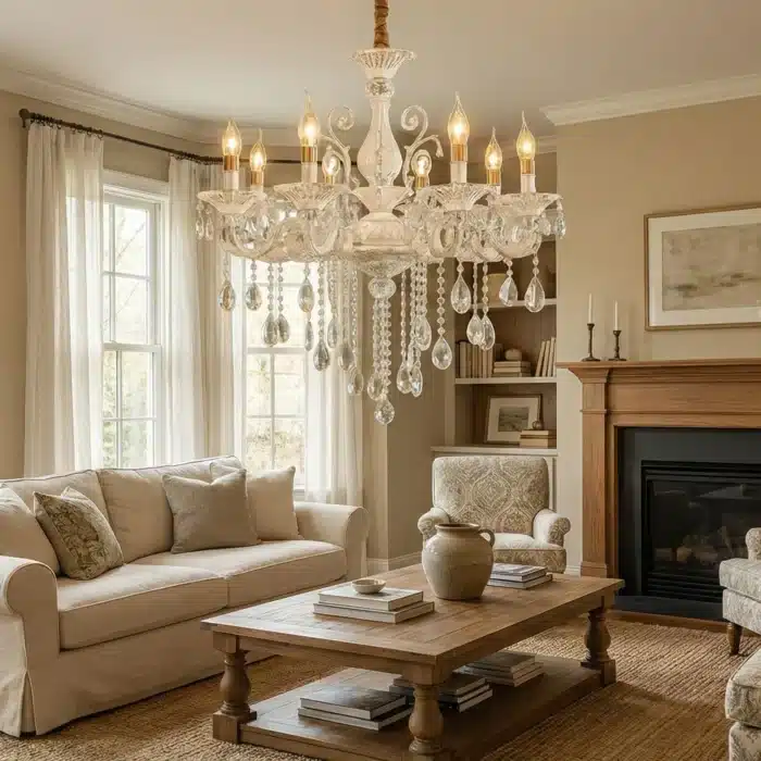 Candelabru Clasic cu Cristale 8×E14, Ø74 cm, Alb și Argintiu - imagine 5
