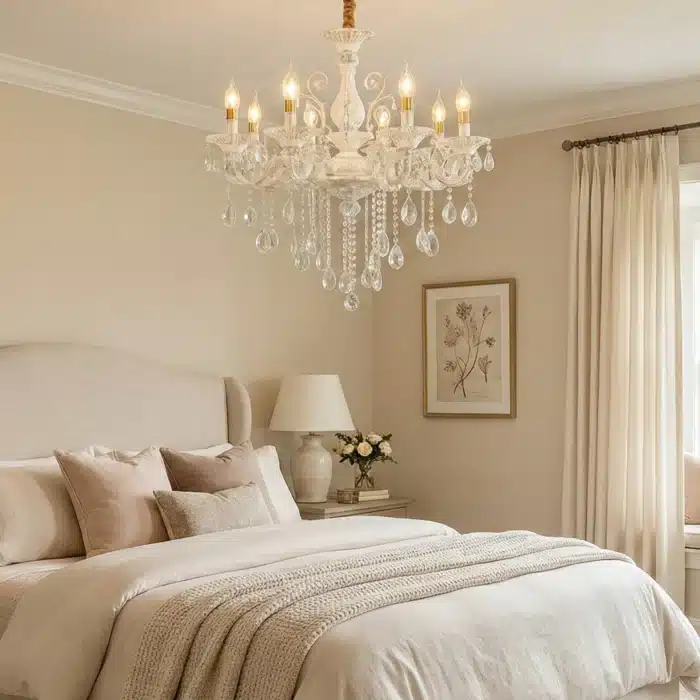 Candelabru Clasic cu Cristale 8×E14, Ø74 cm, Alb și Argintiu - imagine 2