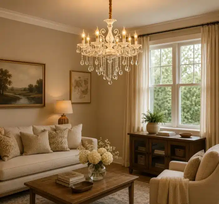Candelabru Clasic cu Cristale 8×E14, Ø74 cm, Alb și Argintiu - imagine 8