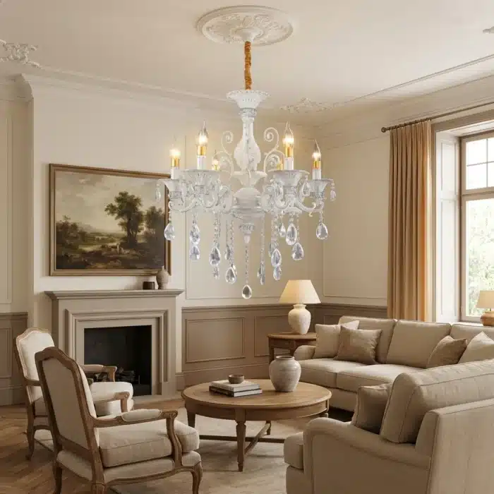 Candelabru Clasic cu Cristale 6×E14, Ø65 cm, Alb și Argintiu, Design Elegant - imagine 8