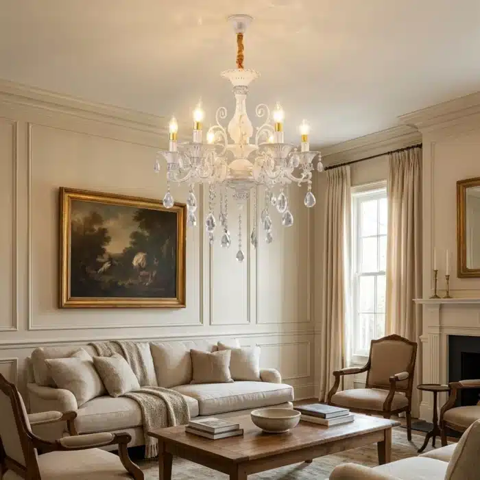 Candelabru Clasic cu Cristale 6×E14, Ø65 cm, Alb și Argintiu, Design Elegant - imagine 7