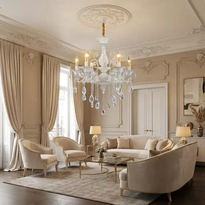 Candelabru Clasic cu Cristale 6×E14, Ø65 cm, Alb și Argintiu, Design Elegant - imagine 6