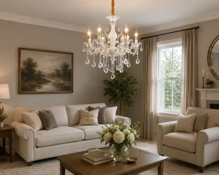 Candelabru Clasic cu Cristale 6×E14, Ø65 cm, Alb și Argintiu, Design Elegant - imagine 5