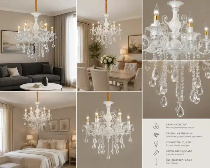 Candelabru Clasic cu Cristale 6×E14, Ø65 cm, Alb și Argintiu, Design Elegant - imagine 4