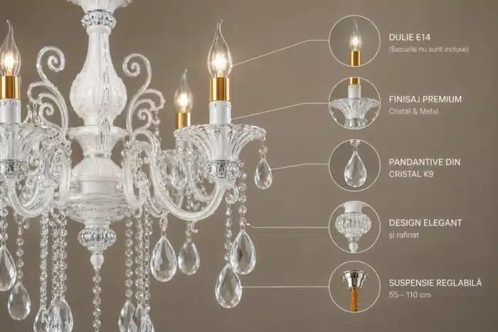 Candelabru Clasic cu Cristale 6×E14, Ø65 cm, Alb și Argintiu, Design Elegant - imagine 3