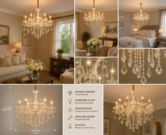 Candelabru Clasic cu Cristale 8×E14, Ø74 cm, Alb și Argintiu - imagine 3
