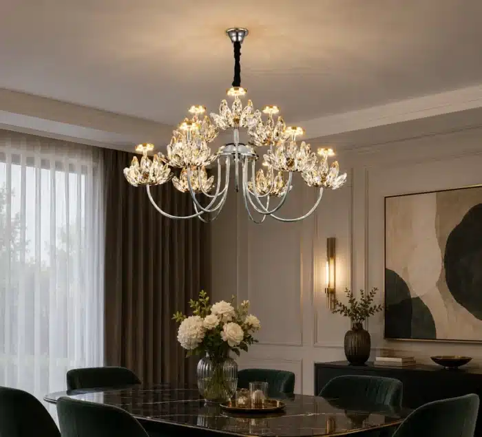 Candelabru LED cu Cristale 36W, Argintiu, Ø60 cm, 9 Surse LED, 3 Tipuri de Lumină, Înălțime Reglabilă 40–80 cm - imagine 4
