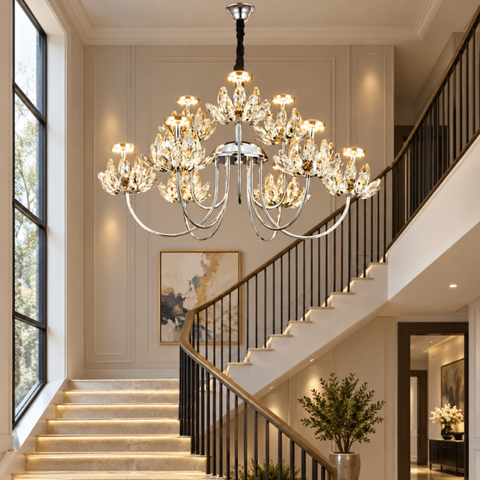 Candelabru LED cu Cristale 36W, Argintiu, Ø60 cm, 9 Surse LED, 3 Tipuri de Lumină, Înălțime Reglabilă 40–80 cm - imagine 2