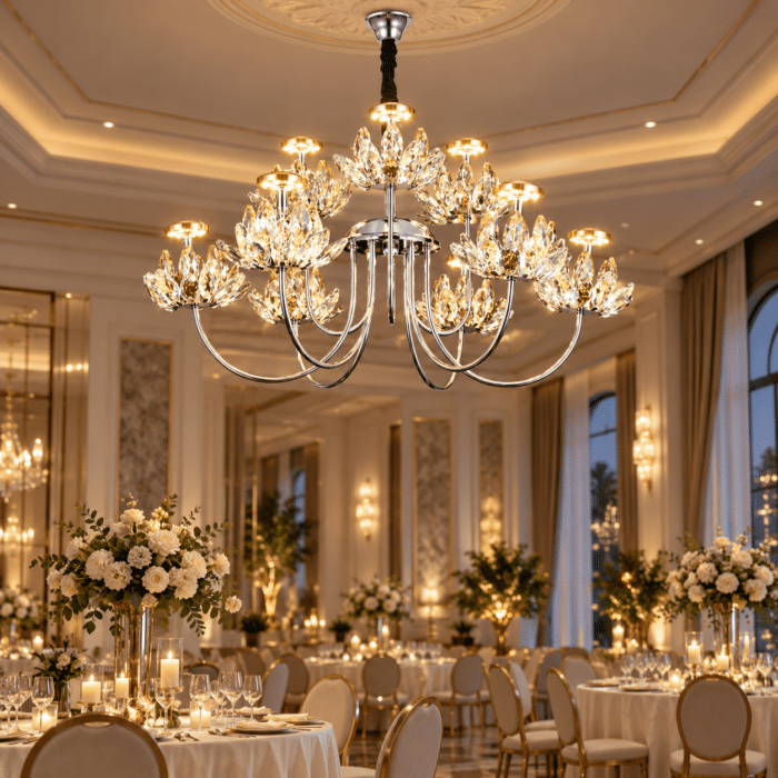 Candelabru LED cu Cristale 36W, Argintiu, Ø60 cm, 9 Surse LED, 3 Tipuri de Lumină, Înălțime Reglabilă 40–80 cm - imagine 3