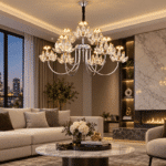 Candelabru LED cu Cristale 36W, Argintiu, Ø60 cm, 9 Surse LED, 3 Tipuri de Lumină, Înălțime Reglabilă 40–80 cm