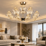 Candelabru LED cu Cristale 36W, Auriu, Ø60 cm, 9 Surse LED, 3 Tipuri de Lumină