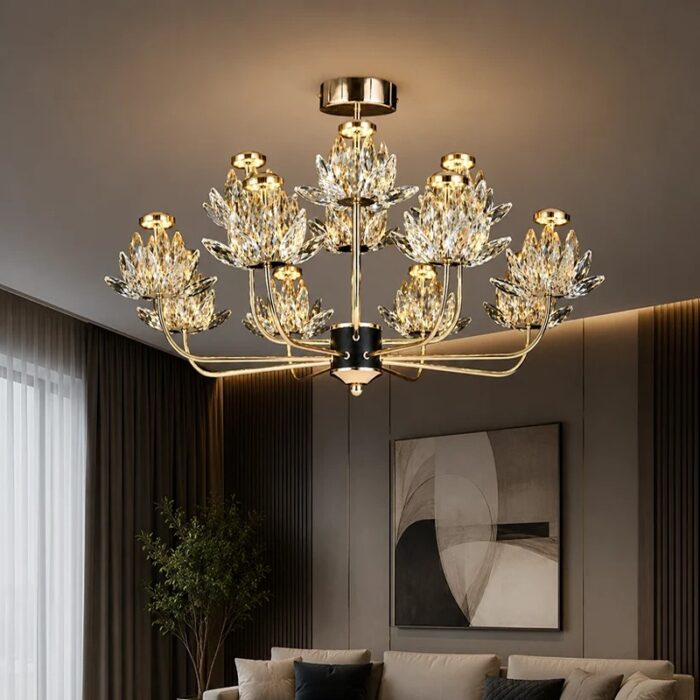 Candelabru LED cu Cristale 36W, Auriu, Ø60 cm, 9 Surse LED, 3 Tipuri de Lumină - imagine 3