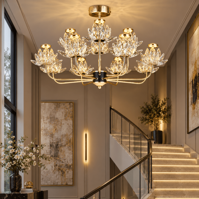 Candelabru LED cu Cristale 36W, Auriu, Ø60 cm, 9 Surse LED, 3 Tipuri de Lumină - imagine 5