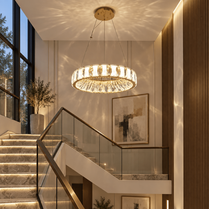 Candelabru LED cu Cristale 98W, Auriu, Ø50 cm, 3 Tipuri de Lumină, Dimabil, Telecomandă, Înălțime Reglabilă 40–70 cm - imagine 2