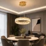 Candelabru LED cu Cristale 98W, Auriu, Ø50 cm, 3 Tipuri de Lumină, Intensitate Reglabilă, Înălțime 40–70 cm