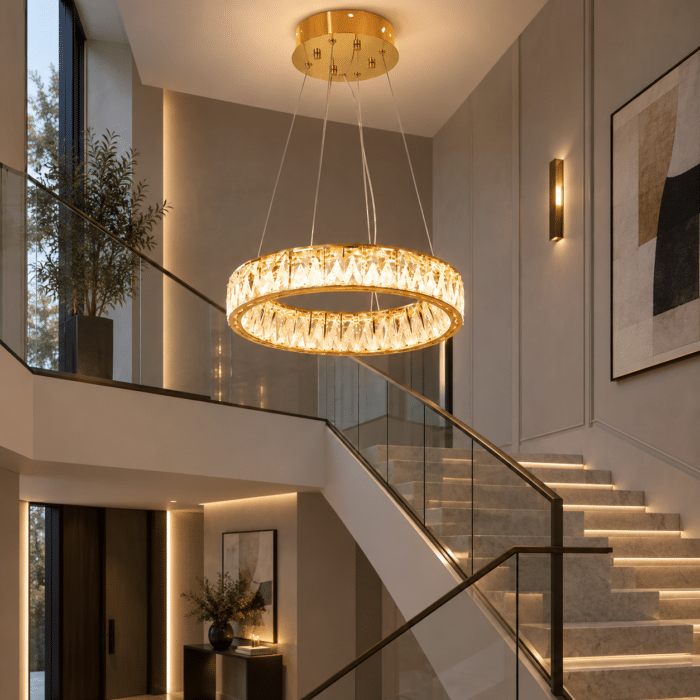 Candelabru LED cu Cristale 98W, Auriu, Ø50 cm, 3 Tipuri de Lumină, Intensitate Reglabilă, Înălțime 40–70 cm - imagine 4