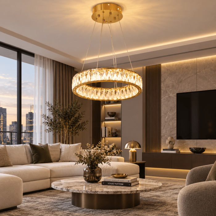 Candelabru LED cu Cristale 98W, Auriu, Ø50 cm, 3 Tipuri de Lumină, Intensitate Reglabilă, Înălțime 40–70 cm - imagine 2
