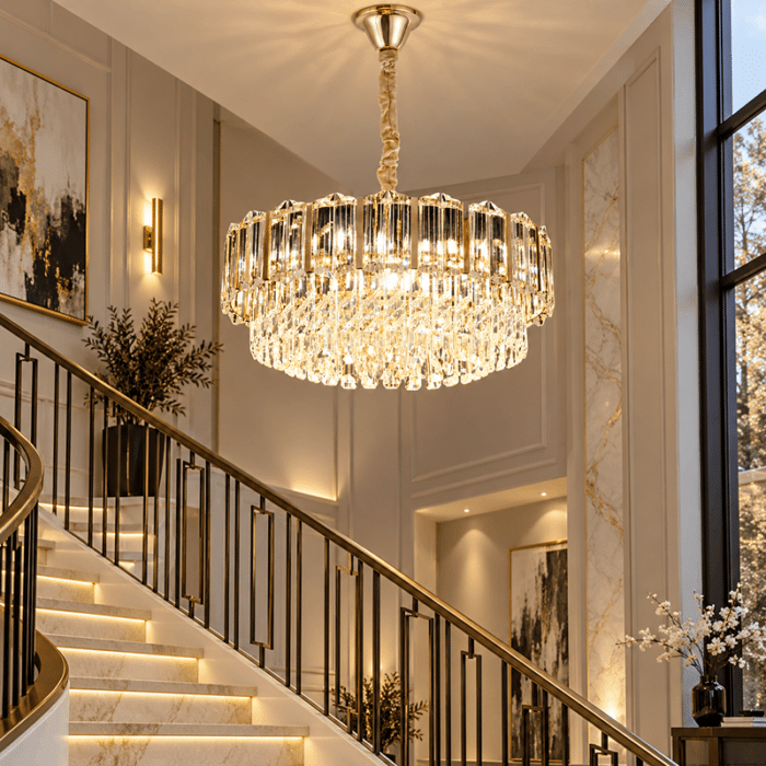 Candelabru cu Cristale 10×E27, Auriu, Ø60 cm, Înălțime Reglabilă 30–80 cm, Metal și Cristal - imagine 2
