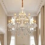Candelabru cu Cristale 12×E14, Ø78 cm, H90 cm, Alb și Argintiu, Design Clasic pe Două Nivele
