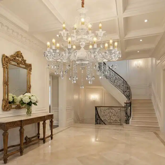 Candelabru cu Cristale 12×E14, Ø78 cm, H90 cm, Alb și Argintiu, Design Clasic pe Două Nivele - imagine 4