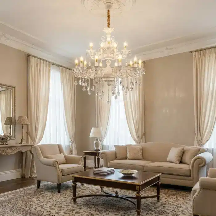 Candelabru cu Cristale 12×E14, Ø78 cm, H90 cm, Alb și Argintiu, Design Clasic pe Două Nivele - imagine 5