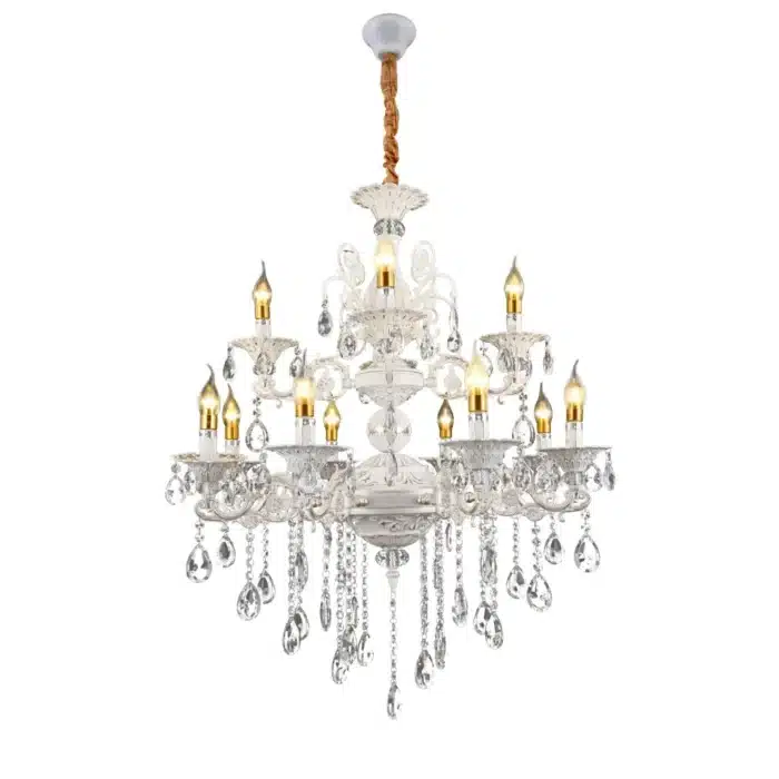Candelabru cu Cristale 12×E14, Ø78 cm, H90 cm, Alb și Argintiu, Design Clasic pe Două Nivele - imagine 7