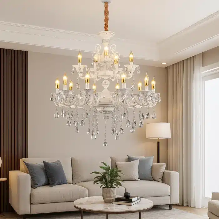 Candelabru cu Cristale 12×E14, Ø78 cm, H90 cm, Alb și Argintiu, Design Clasic pe Două Nivele - imagine 6