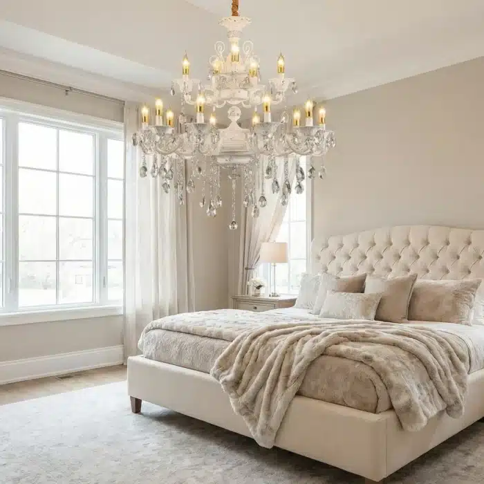 Candelabru cu Cristale 12×E14, Ø78 cm, H90 cm, Alb și Argintiu, Design Clasic pe Două Nivele - imagine 3