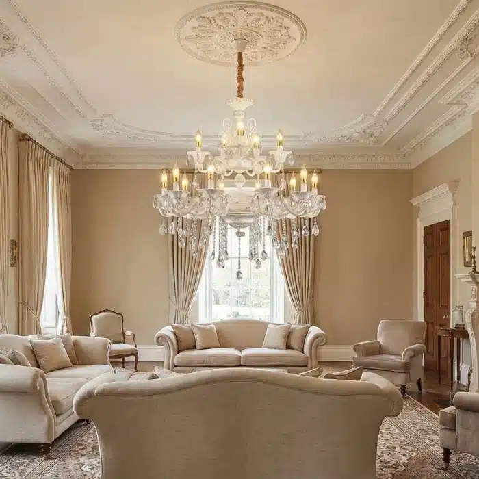 Candelabru cu Cristale 12×E14, Ø78 cm, H90 cm, Alb și Argintiu, Design Clasic pe Două Nivele - imagine 2