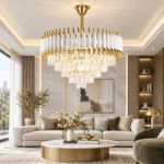 Candelabru cu Cristale 12×E27, Alb/Auriu, Ø75 cm, Înălțime Reglabilă 40–80 cm, Metal și Cristal