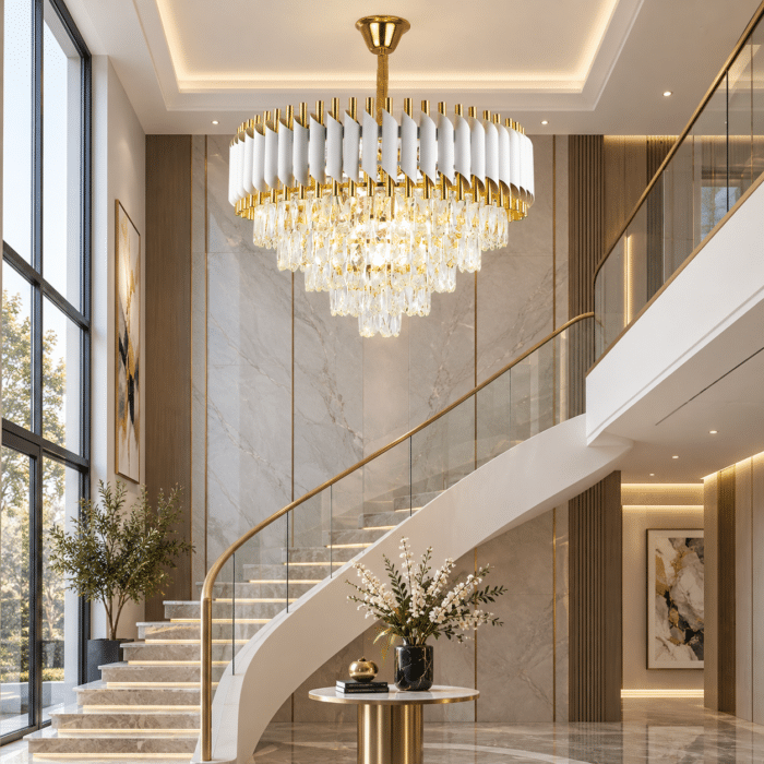 Candelabru cu Cristale 12×E27, Alb/Auriu, Ø75 cm, Înălțime Reglabilă 40–80 cm, Metal și Cristal - imagine 2