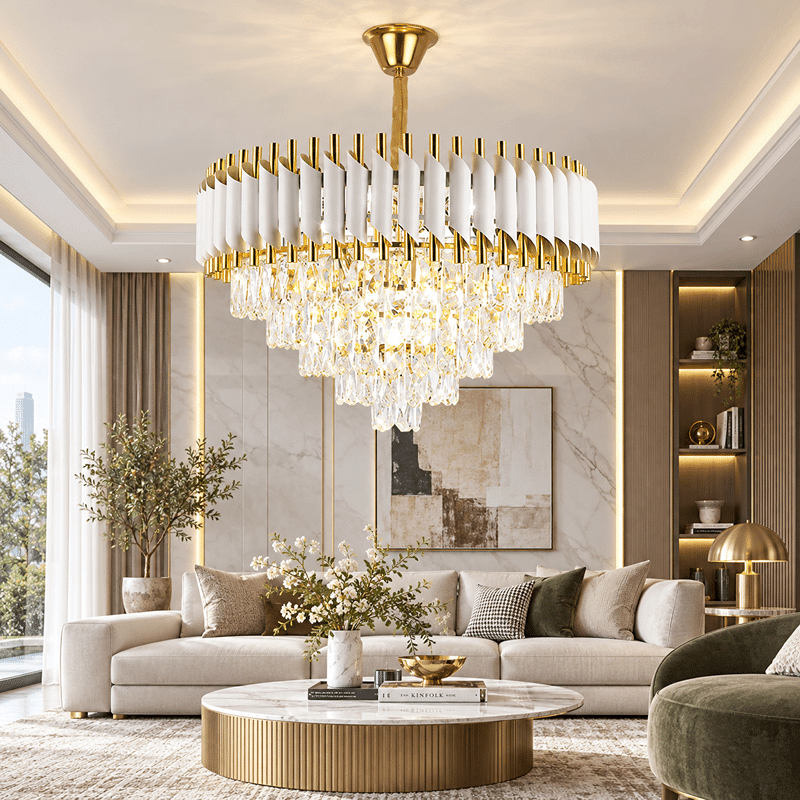 Candelabru cu Cristale 12×E27, AlbAuriu, Ø75 cm, Înălțime Reglabilă 40–80 cm, Metal și Cristal Candelabru cu Cristale 12×E27, Alb/Auriu, Ø75 cm, Înălțime Reglabilă 40–80 cm, Metal și Cristal - imagine 1