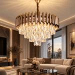 Candelabru cu Cristale 12×E27, Maro/Auriu, Ø75 cm, Înălțime Reglabilă 40–80 cm, Metal și Cristal