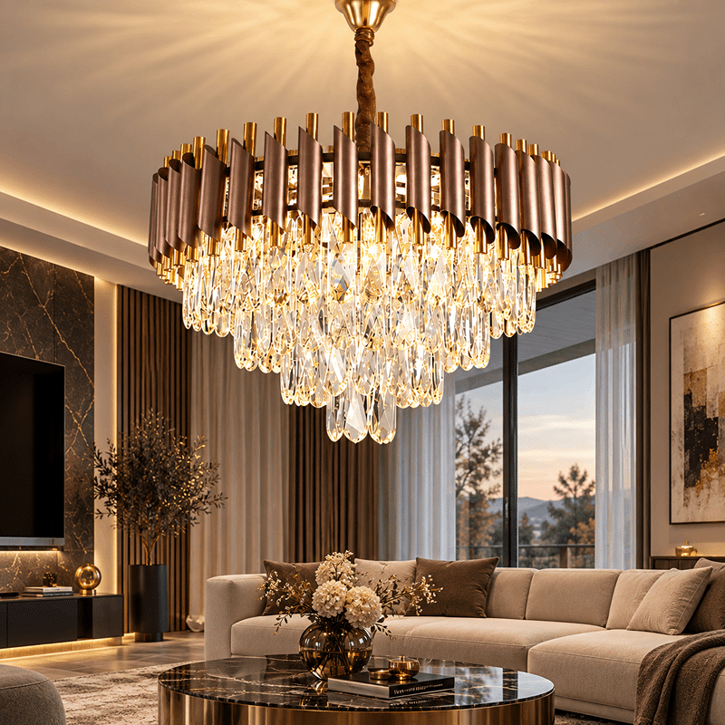 Candelabru cu Cristale 12×E27, MaroAuriu, Ø75 cm, Înălțime Reglabilă 40–80 cm, Metal și Cristal (1) Candelabru cu Cristale 12×E27, Maro/Auriu, Ø75 cm, Înălțime Reglabilă 40–80 cm, Metal și Cristal - imagine 1