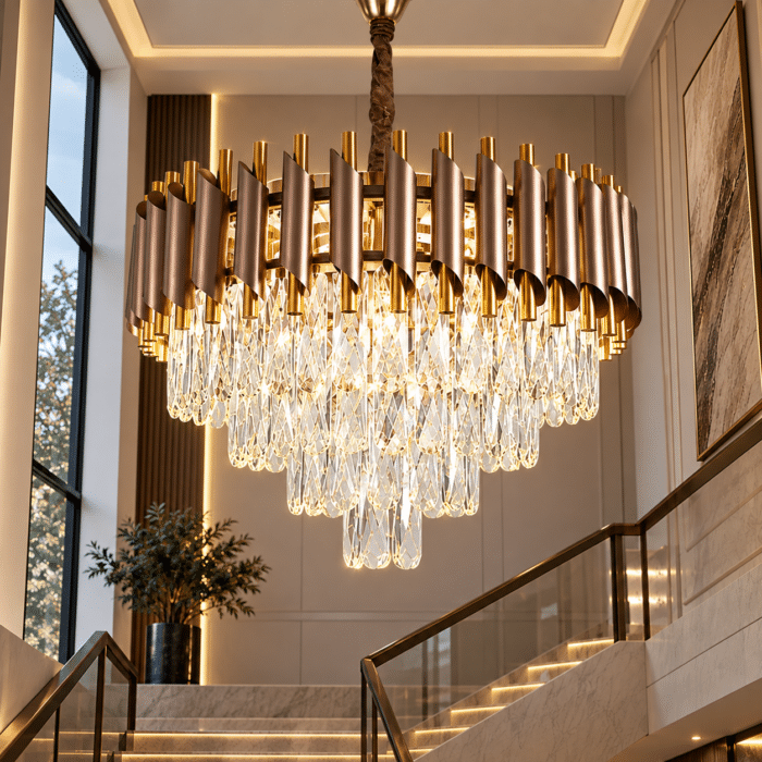 Candelabru cu Cristale 12×E27, Maro/Auriu, Ø75 cm, Înălțime Reglabilă 40–80 cm, Metal și Cristal - imagine 2