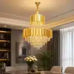 Candelabru cu Cristale 14×E27, Auriu, Ø60 cm, Înălțime Reglabilă 90–140 cm, Metal și Cristal