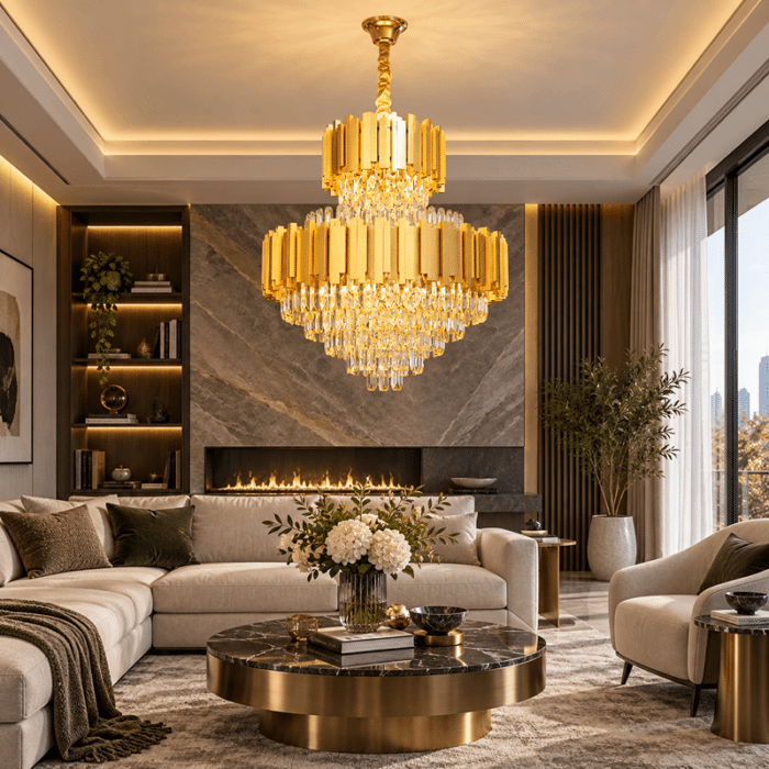 Candelabru cu Cristale 14×E27, Auriu, Ø60 cm, Înălțime Reglabilă 90–140 cm, Metal și Cristal - imagine 2